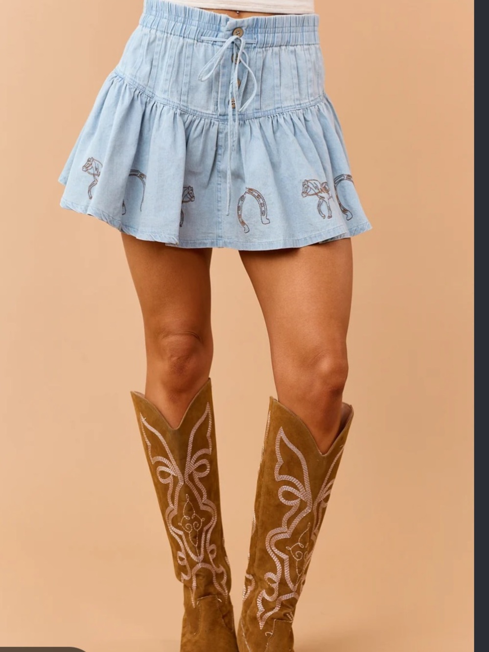 Peach Love California Light Blue Denim Mini Skirt with Horse Shoe Embroidery